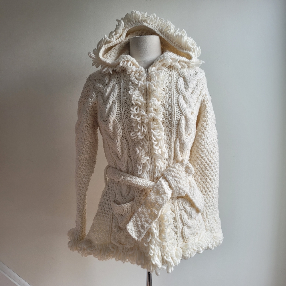 Hand Knit 100% Wool Chunky Cozy Cream Knit Hooded Cardigan Jacket Small Medium